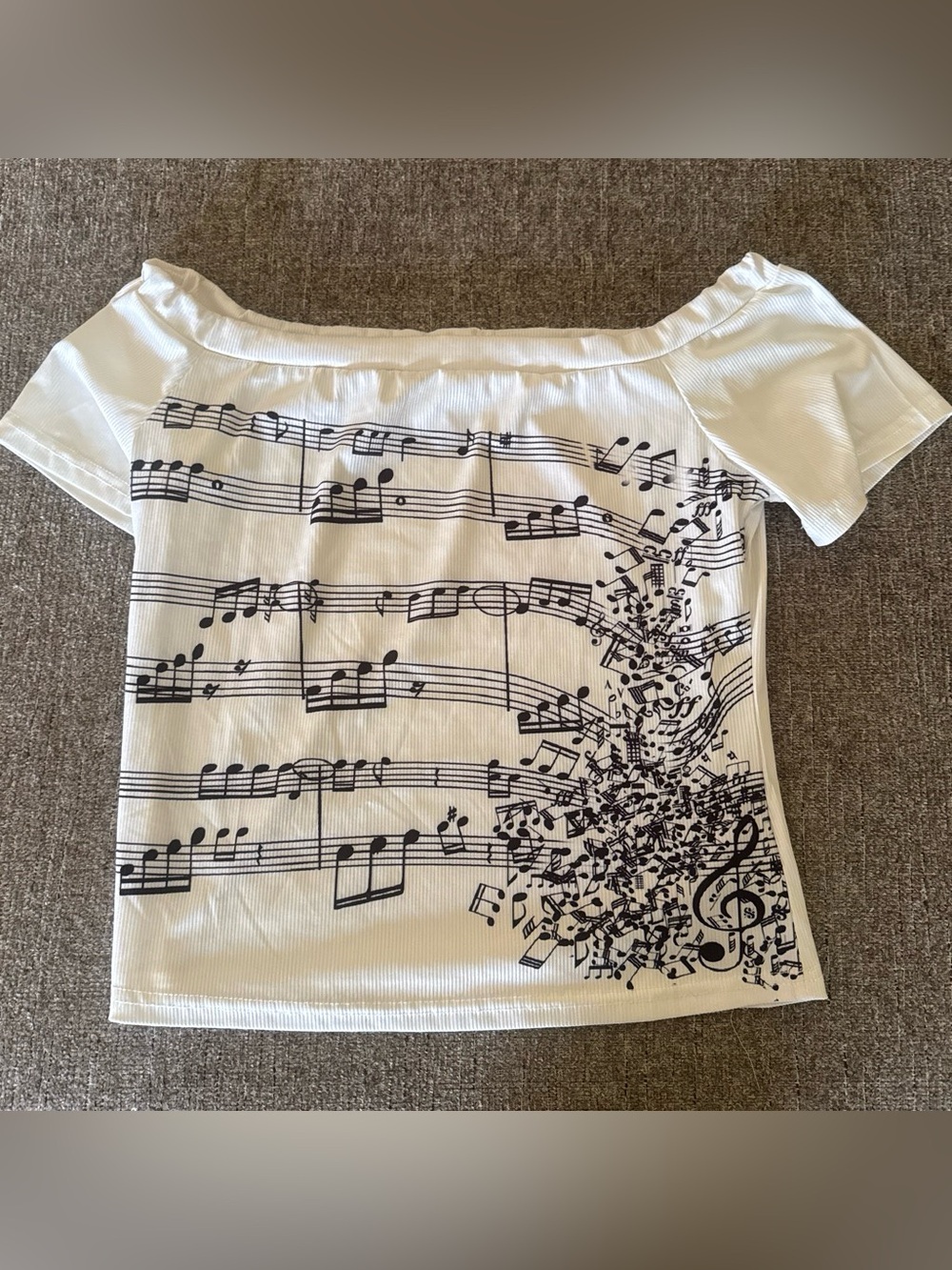 SHEIN White Off-Shoulder Crop Top with Black Music Note Print